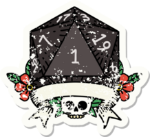 grunge sticker of a natural one d20 dice roll png