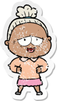 distressed sticker of a cartoon happy old lady png