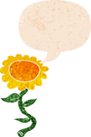 cartoon sunflower with speech bubble in grunge distressed retro textured style png