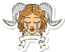 grunge sticker of a crying tiefling with scroll banner png