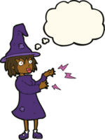 bruxa de desenho animado lançando feitiço com balão de pensamento png