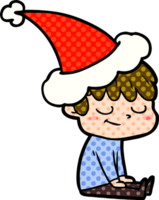 main tiré bande dessinée livre style illustration de une content garçon portant Père Noël chapeau png