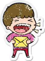 distressed sticker of a cartoon laughing man png