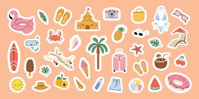Large set of summer stickers. Fruit, palm tree, flamingo, flip flops, suitcase. Beach accessories, tourism. Elements for scrapbooking. Flat illustration on peach isolated background. vector