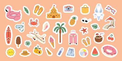 Large set of summer stickers. Fruit, palm tree, flamingo, flip flops, suitcase. Beach accessories, tourism. Elements for scrapbooking. Flat illustration on peach isolated background. vector