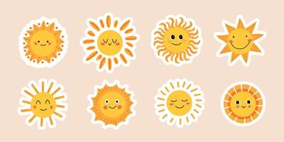 Set of stickers of cute suns. Sun with different rays and emotions. Children's illustration. Sunny clip art graphics in hand-drawn style. Isolated background. vector