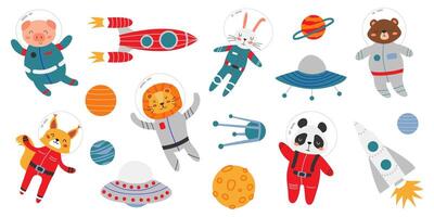 Large set of space elements and animals. Cute animals in space suits. Rockets, planets, space saucers. Children's space theme. Objects on white isolated background. vector