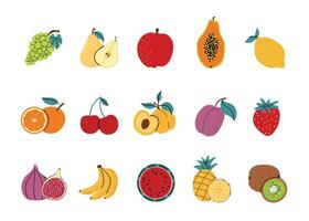 Set of fruit icons in flat style. Grape, pear, papaya, pineapple, kiwi. Collection of fruits, healthy food. Hand-drawn style, isolated white background. vector