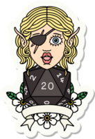 sticker of a elf rogue character with natural twenty dice roll png