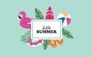 summer background, banner. Bright summer background with flamingo, surfboard, ball, flip flops. Advertising poster, space for text. Blue isolated background. vector