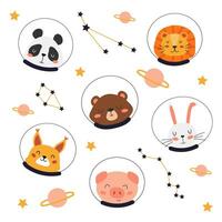 Hand-drawn illustration of cute animals in space. Animal heads in helmets. Panda, lion, rabbit, piggy in space. Flat design in Scandinavian style. Children illustration, space set. Isolated objects. vector