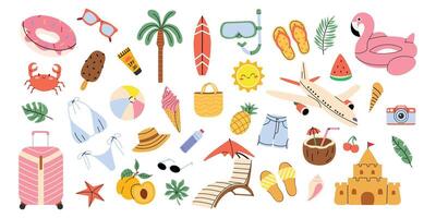 Summer icons. Ice cream, swimming lap, fruits, swimsuit, ball, leaves, sand castle, seashells. Set of summer elements for scrapbooking. Hand drawn style. Summer poster, banner. vector