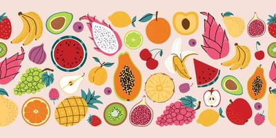 sin costura Fruta antecedentes. grande colección de diferente frutas y bayas. banana, kiwi, piña, pera, limón, aguacate. ilustración. horizontal bandera con aislado antecedentes. vector