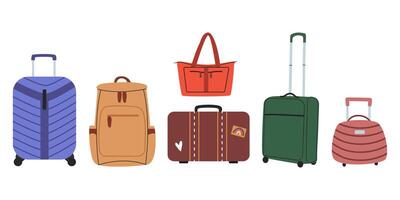 set of suitcases. Luggage on wheels for traveling. Modern suitcases with handle. Bags for vacation. Flat illustration isolated on white background. vector