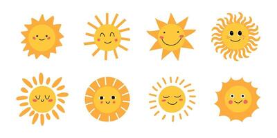 Cute Sun collection. Sun with different rays and emotions. Children's illustration. Sunshine clip art graphics in Hand-drawn style. White isolated background. vector