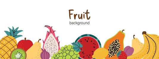 Fruit background. Beautiful fruits and berries. Watermelon, banana, kiwi, pineapple, pear, lemon, avocado. Proper nutrition. illustration. Horizontal banner with isolated background. vector