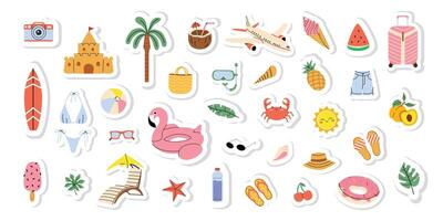 Large set of summer stickers. hand drawn flat illustrations, cliparts, sings for planner and organizer. White isolated background. vector
