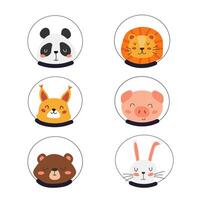 set of cute animals in space helmets. Panda, lion, rabbit, piggy, squirrel, bear in space. Flat design in Scandinavian style. Children's illustration, space set. Isolated objects on white background. vector
