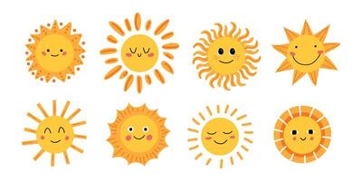 Cute Sun illustration set. Sun with different rays and emotions. Children's flat illustration. Sunshine clip art graphics Hand-drawn Digital Illustrations. White isolated background. vector