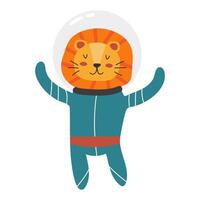 Lion in a spacesuit. illustration of a cute space animal. Space theme. Child character in flat style. Isolated object on white background. vector