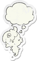 cartoon ghost with thought bubble as a distressed worn sticker png