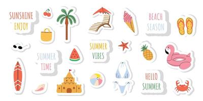 Cute set of summer stickers. Icons for tropical vacation. Seasonal elements collection. Positive inscriptions. White isolated background. vector