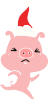 hand drawn flat color illustration of a annoyed pig running wearing santa hat png