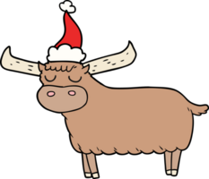 main tiré ligne dessin de une taureau portant Père Noël chapeau png