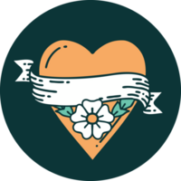image emblématique de style tatouage d'une fleur de coeur et d'une bannière png