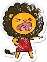 distressed sticker of a cartoon angry lion in dress png