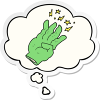 cartoon spooky magic hand with thought bubble as a printed sticker png