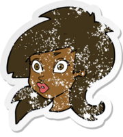 retro distressed sticker of a cartoon pretty surprised woman png