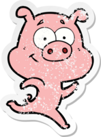 distressed sticker of a happy cartoon pig running png