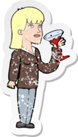 retro distressed sticker of a cartoon woman drinking cocktail png