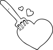 hand drawn black and white cartoon fork in heart png