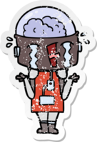 distressed sticker of a cartoon crying robot shrugging shoulders in confusion png