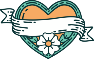 iconico tatuaggio stile Immagine di un' cuore e bandiera con fiori png