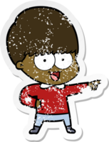 distressed sticker of a happy cartoon boy pointing png