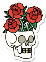 sticker van tatoeëren in traditioneel stijl van een schedel en rozen png