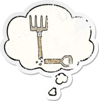 cartoon broken pitchfork with thought bubble as a distressed worn sticker png