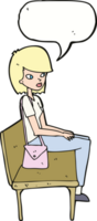 tecknad serie kvinna Sammanträde på bänk med Tal bubbla png