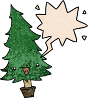 cute cartoon christmas tree with speech bubble in retro texture style png