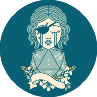 Retro Tattoo Style crying human rogue with natural one D20 roll png