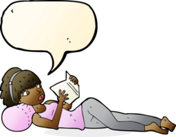 cartoon pretty woman reading book with speech bubble png