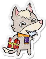 vinheta angustiada de um lobo faminto de desenho animado segurando o presente de natal png