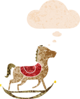 dessin animé balancement cheval avec pensée bulle dans grunge affligé rétro texturé style png