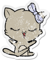 distressed sticker of a cartoon cat with bow on head png