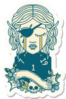 sticker of a sad elf rogue character face with natural one d20 roll png