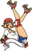 tatouage dans le style traditionnel d'une pin-up roller derby girl avec bannière png