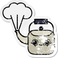 distressed sticker of a cute cartoon steaming kettle png